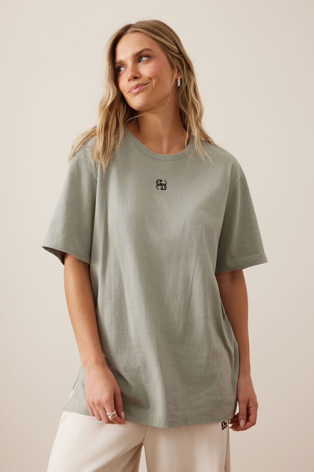 Lola Longline Step Hem Tee, SOFT SAGE/ PHANTOM CERES MONOGRAM EMBROIDERY