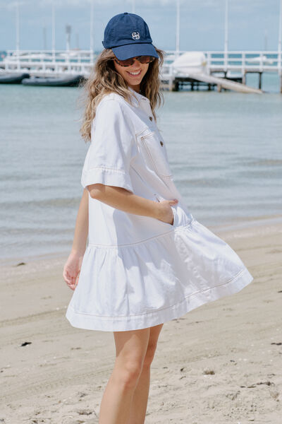 Short Sleeve Tiered Pocket Shirt Dress, FRESH ECRU