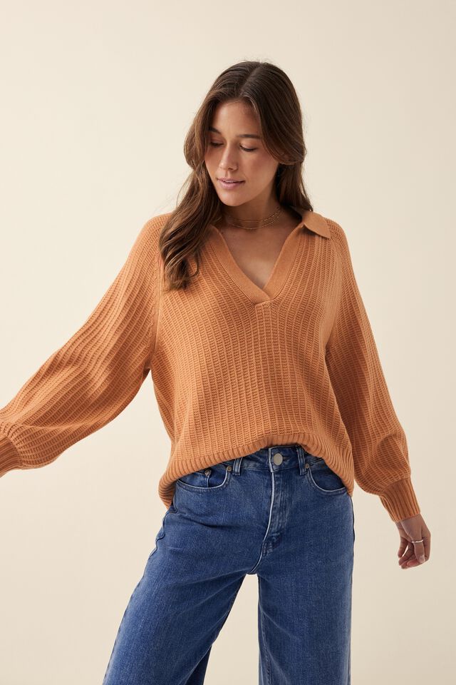 Soft Knit Collared Jumper In Recycled Blend, WINTER ORANGE