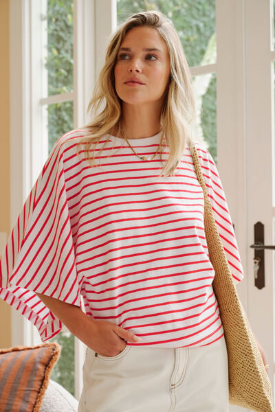 Lucy Relaxed Sleeve Tee, WHITE/HERITAGE RED STRIPE