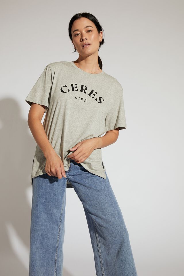 Organic Oversized Print Step Hem Tee, GREY MARLE