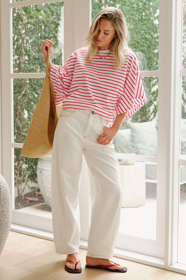 Lucy Relaxed Sleeve Tee, WHITE/HERITAGE RED STRIPE