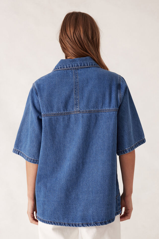 Short Sleeve Denim Shirt, MID INDIGO