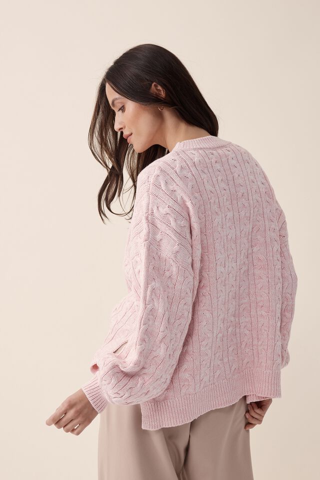 Cable Split Hem Crew In Organic Cotton, WASHED PINK TWIST