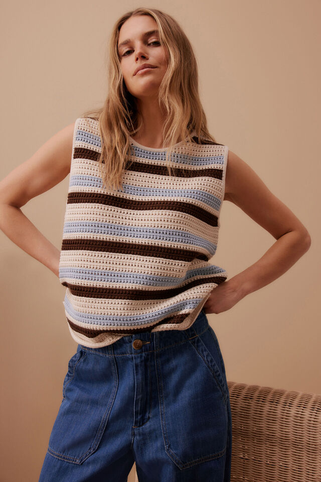 Margot Mesh Knit Tank, ECRU /CHALK CHOC STRIPE