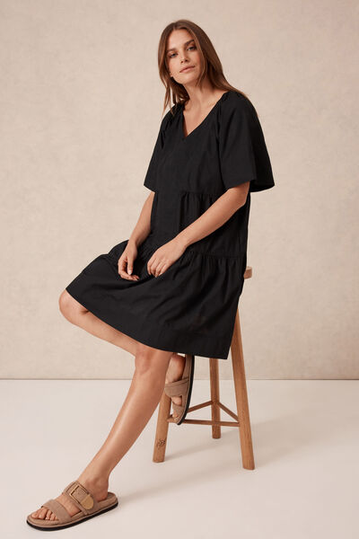 Tiered Poplin Mini Dress, BLACK