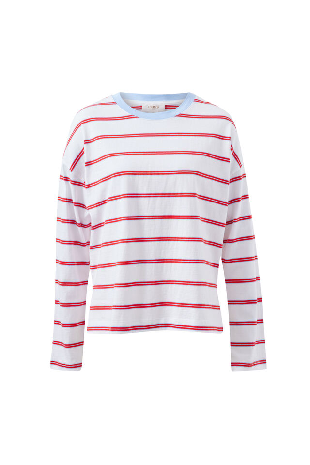 Scout Slouchy Long Sleeve  Tee, WHITE/CHINA BLUE CHILLI RED STRIPE