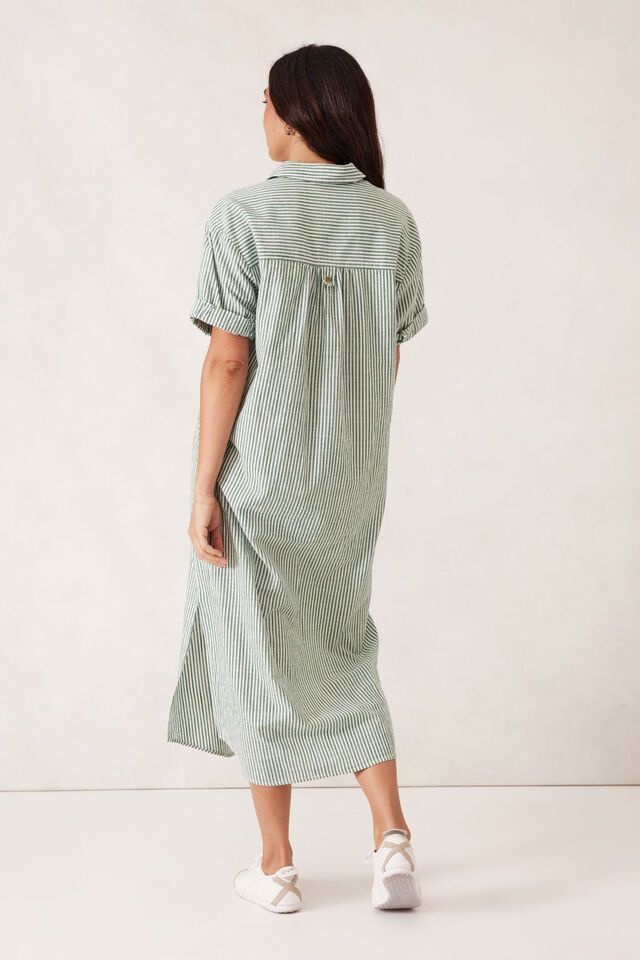 Rolled Cuff Midi Shirt Dress, WINTER GREEN BRIGHT WHITE STRIPE