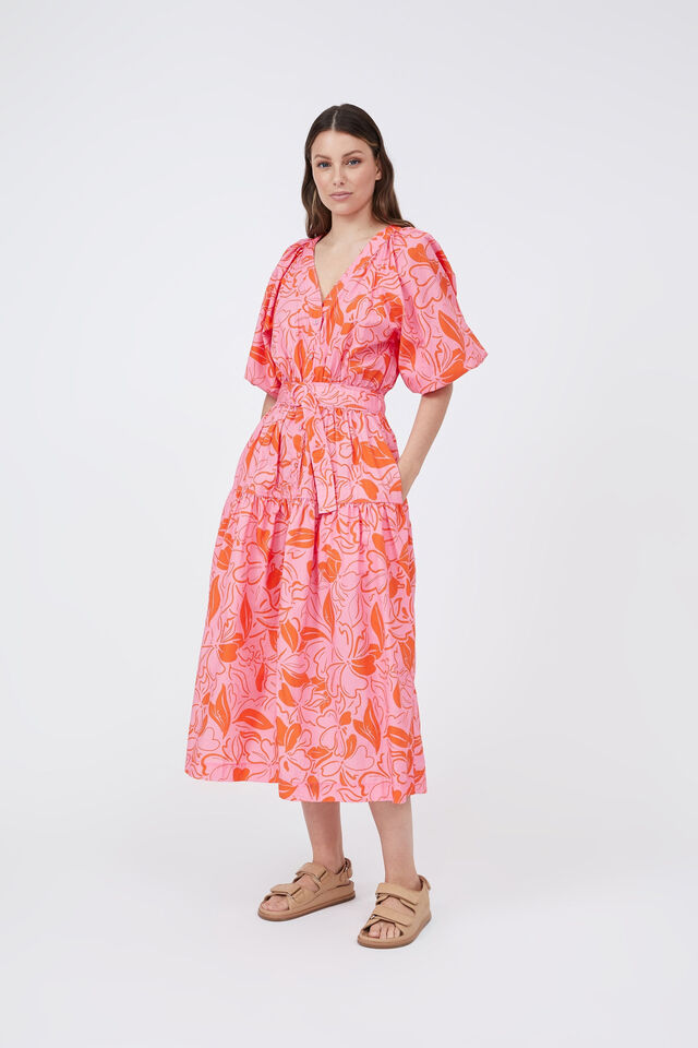 Belted Balloon Sleeve Dress In Organic Cotton, SUNSET PINK TWO TONE FLORAL