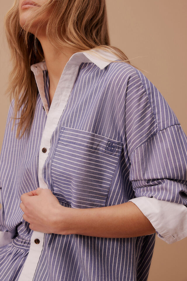 Peta Oversized Shirt, COLLEGE BLUE STRIPE WHITE COLLAR