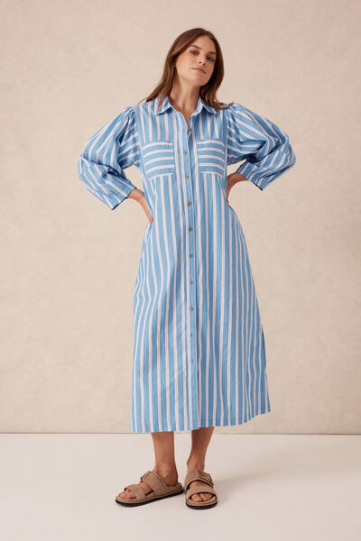 Midi Shirt Dress, BLUE WHITE RED STRIPE ORGANIC COTTON