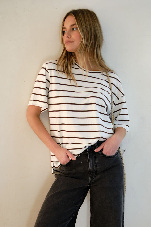 Stevie Slouchy Tee, VANILLA/CHOC FINE STRIPE