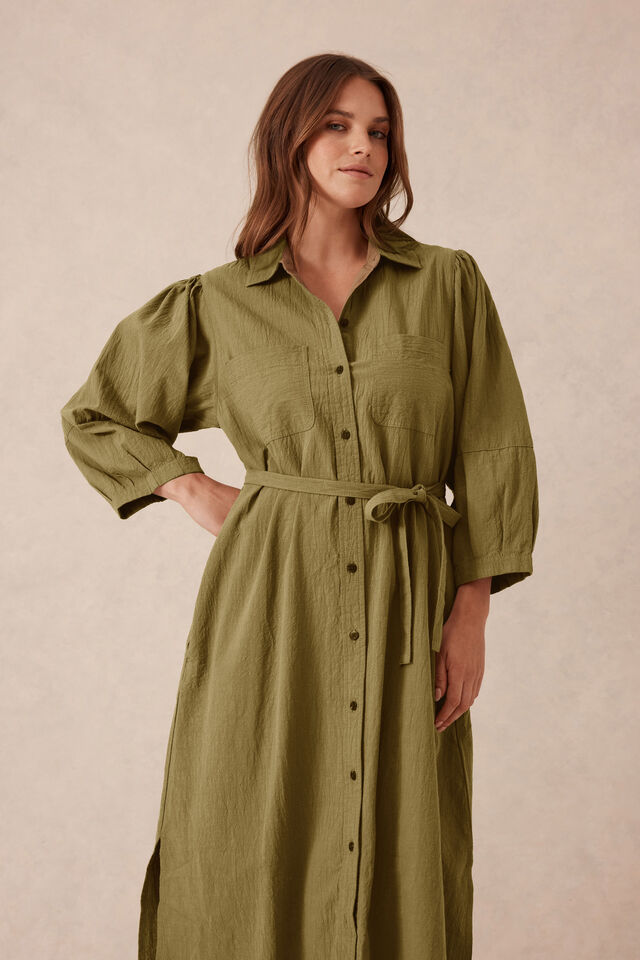 Midi Shirt Dress, FIG GREEN TEXTURED COTTON