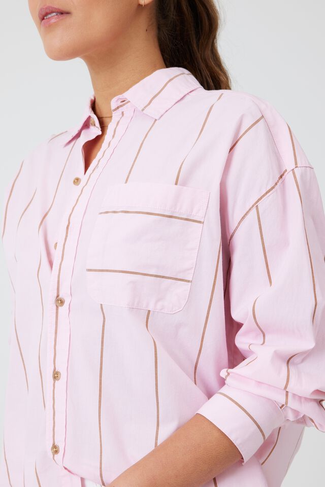 Oversized Poplin Shirt In Organic Cotton, WASHED PINK AND WARM GINGER STRIPE