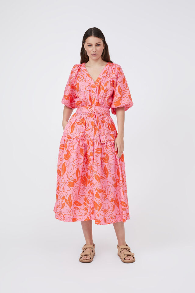 Belted Balloon Sleeve Dress In Organic Cotton, SUNSET PINK TWO TONE FLORAL