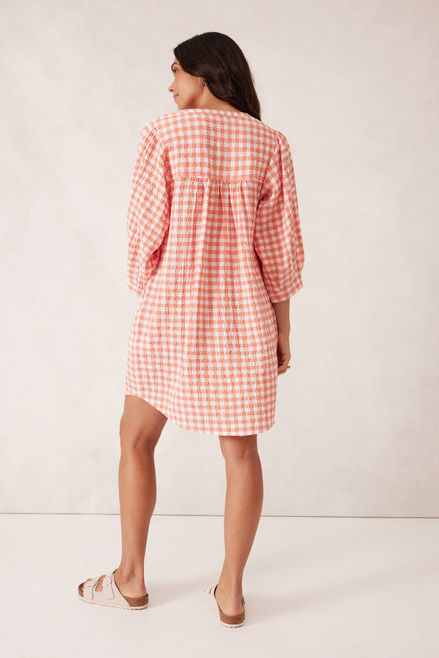 Crinkle Mini Dress, CORAL WHITE GINGHAM