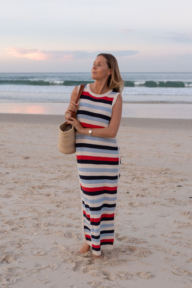 Textured Multi Stripe Knit Midi Dress, HERITAGE RED STRIPE