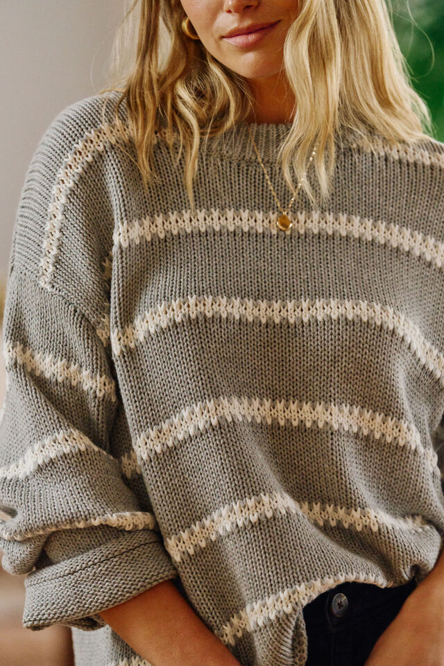 Lila Oversized Knit Crew, GREY MARLE STRIPE