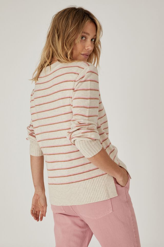 Soft Stripe Crew Sweater, OATMEAL PINK TAN STRIPE