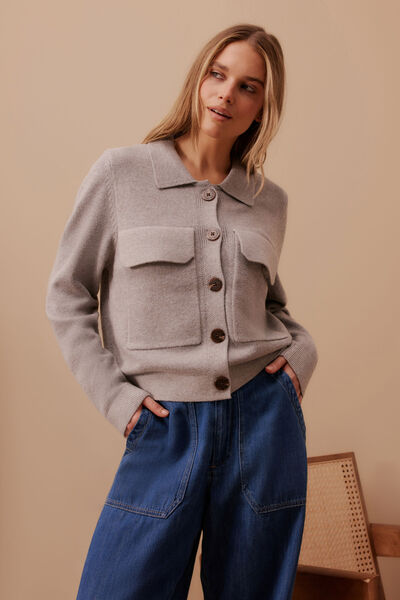 Soft Knit Collared Cardi, GREY MARLE