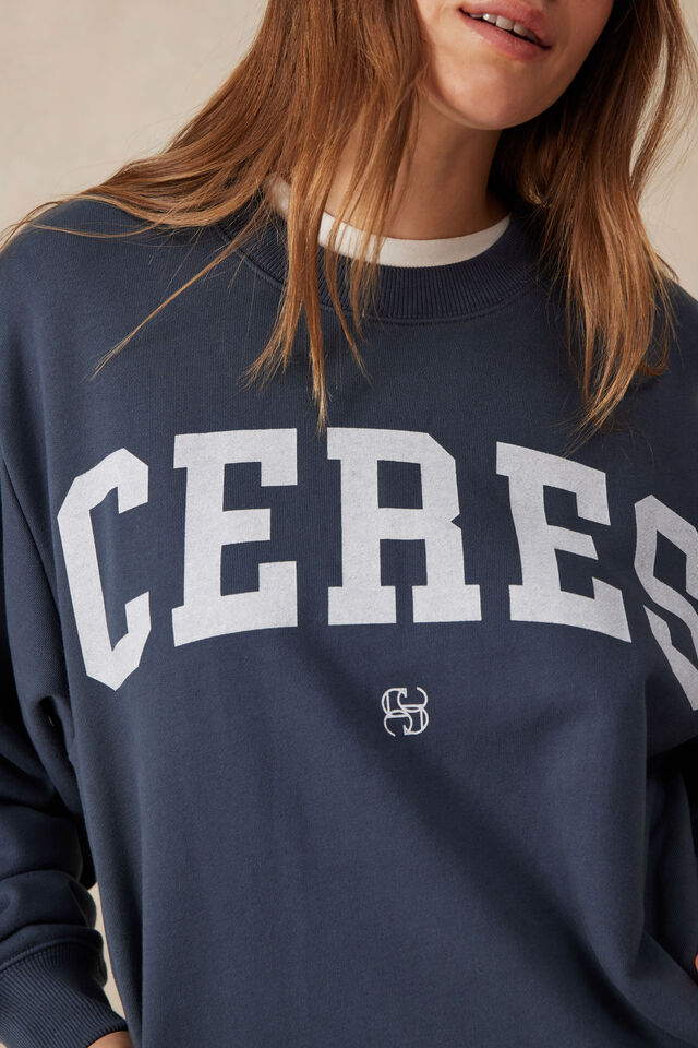 Isla Oversized Slouchy Crew, SMOKE BLUE HERITAGE LOGO
