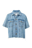 Short Sleeve Trucker Shirt, MID BLUE DENIM - alternate image 2