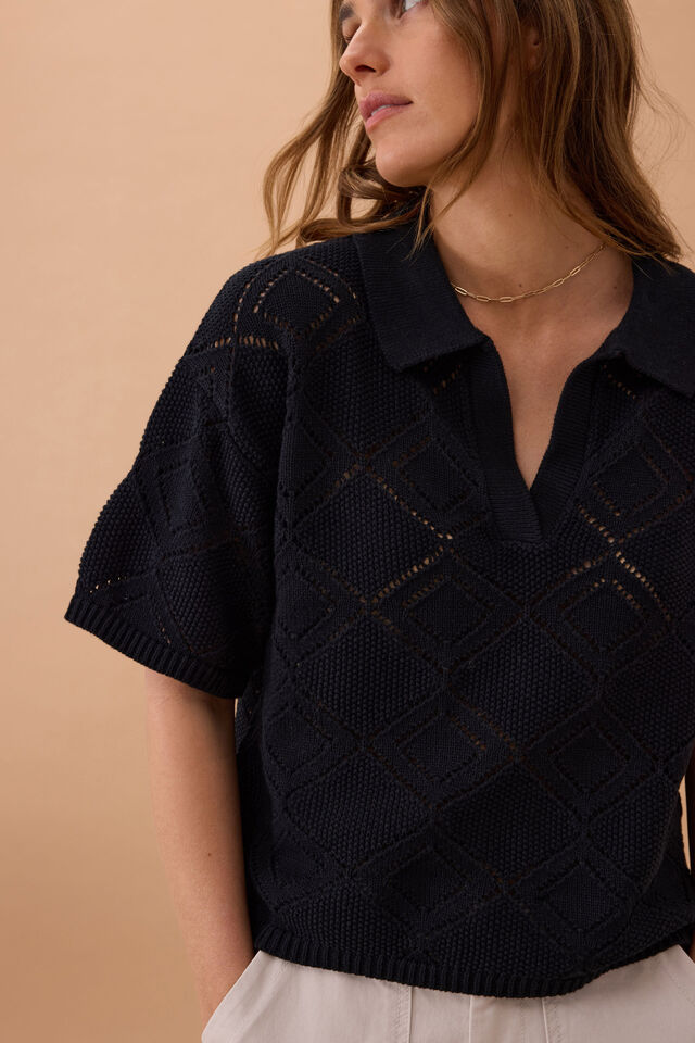 Demi Diamond Knit Collared Tee, BLACK