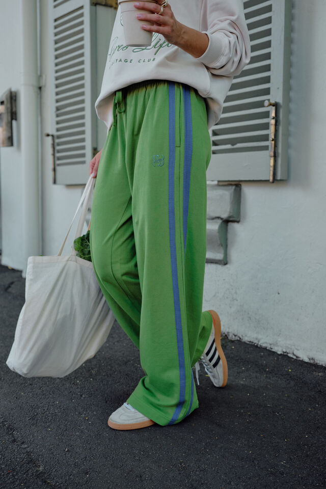 Gigi Wide Leg Terry Trackpant, PISTACHIO WASHED NAVY SIDE STRIPE