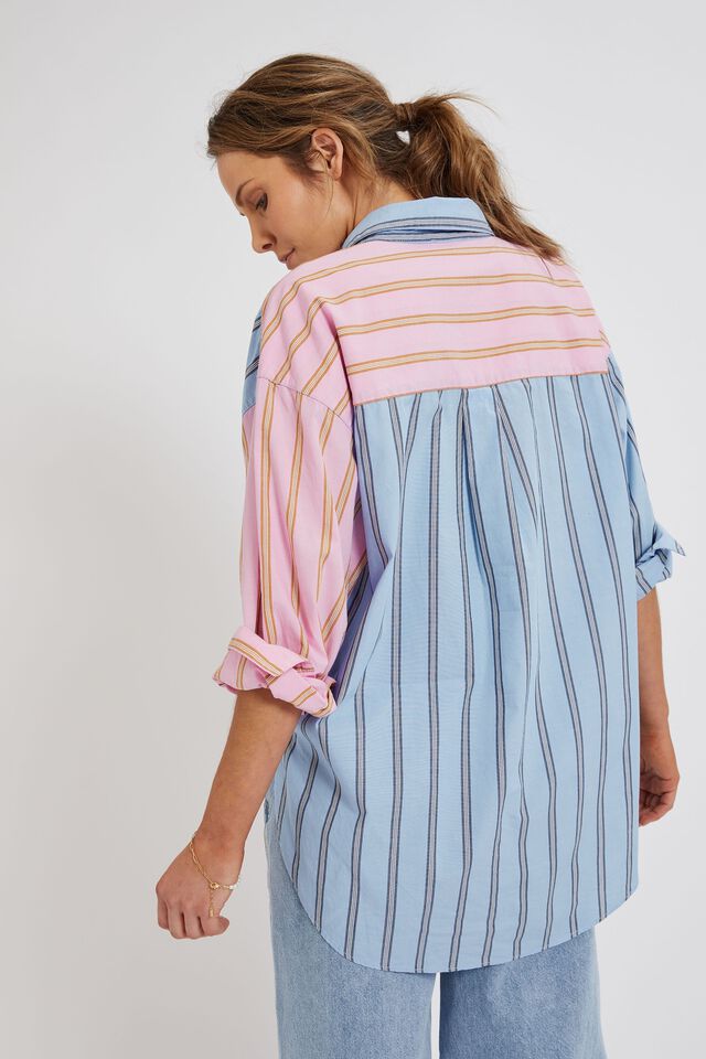 Colour Block Poplin Stripe Shirt In Organic Cotton, CLOUD AND SUMMER PINK STRIPE