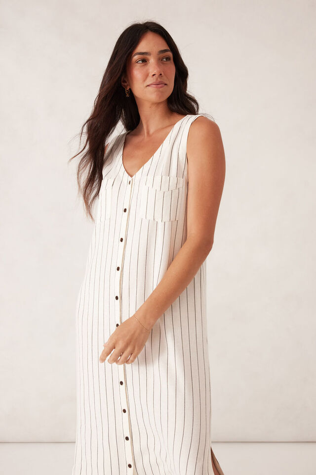 Button Through Midi Shift Dress, PINSTRIPE