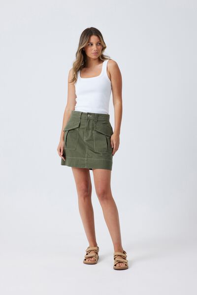 Utility Skirt In Organic Cotton Viscose Twill, MILITARY GREEN