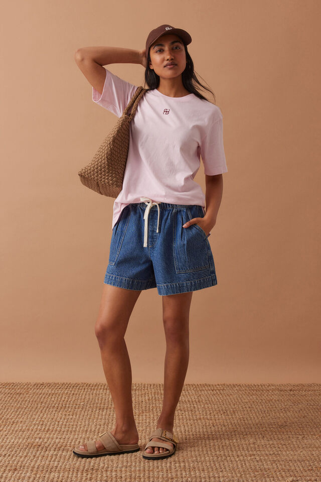 Lola Longline Step Hem Tee, SUNFADED PINK MONOGRAM EMBROIDERY