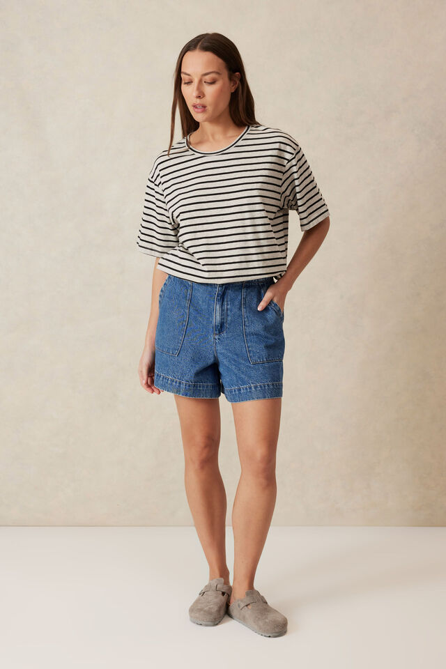 Longline Step Hem Tee, CLOUD MARLE/BLACK STRIPE