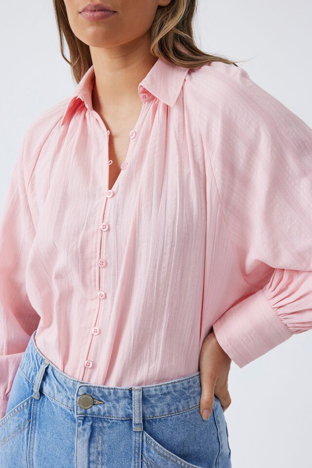 Textured Button Front Shirt In Organic Cotton, WASHED PINK