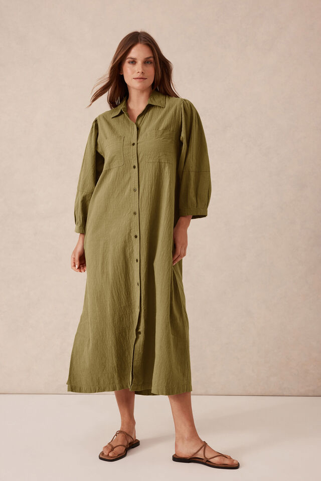 Midi Shirt Dress, FIG GREEN TEXTURED COTTON