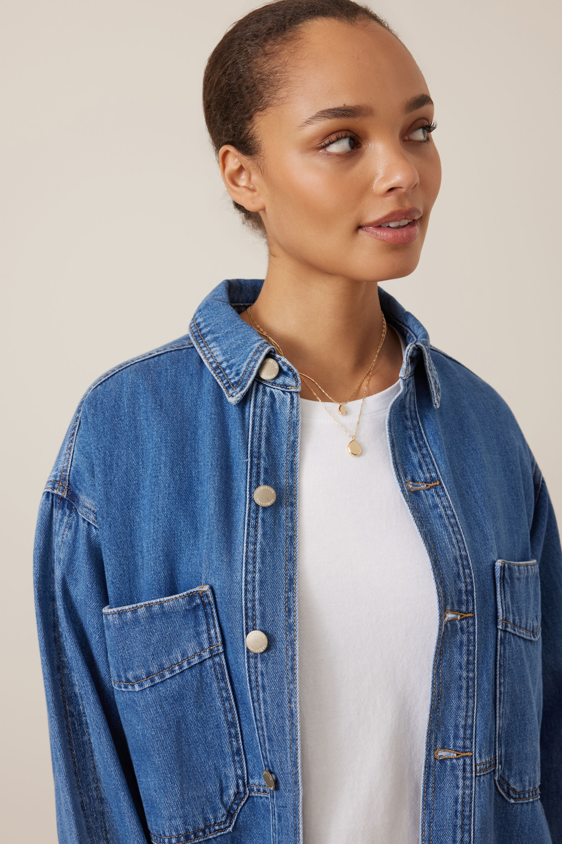 【PELLICULE】lacybelt motif denim Denim Side Pocket Shacket with Rounded Cuffs