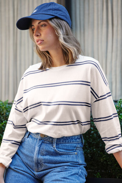 Slouchy Long Sleeve  Tee, VANILLA/MOONLIGHT DOUBLE STRIPE