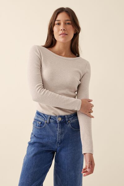 Organic Contour Rib Wide Scoop L/S Top, OATMEAL MARLE