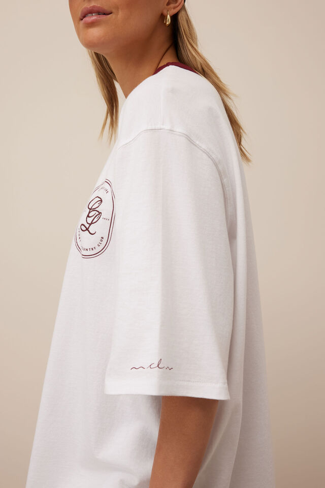 Liv Oversized Tee, WHITE/BURGUNDY SPORT CLUB