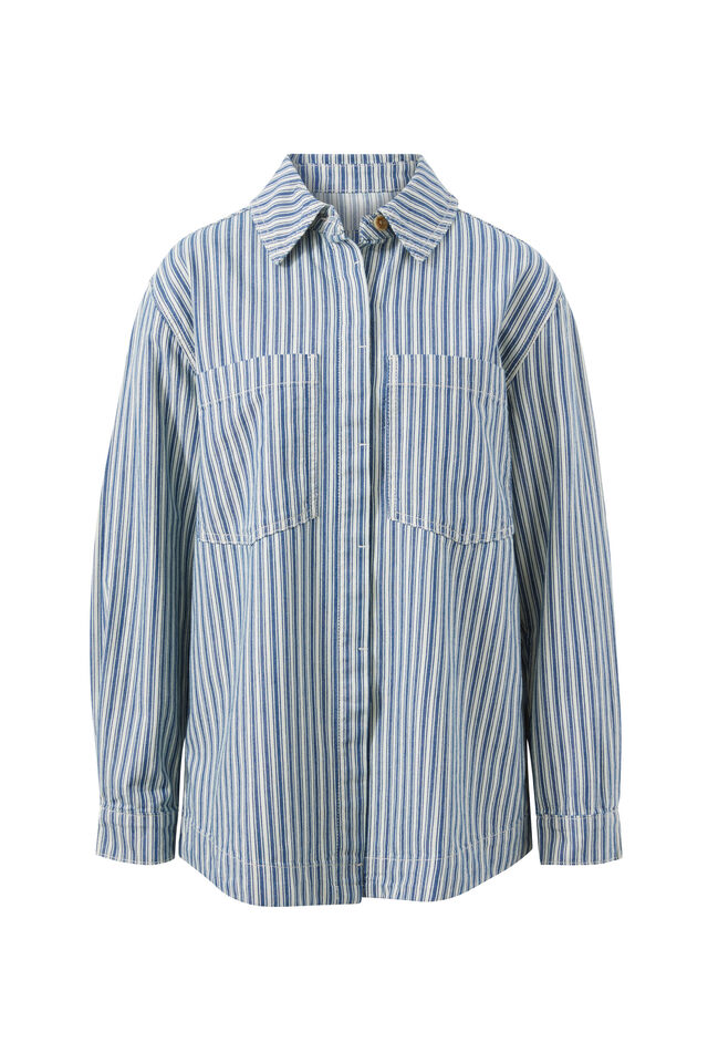 Curved Hem Shacket, LAGOON BLUE STRIPE