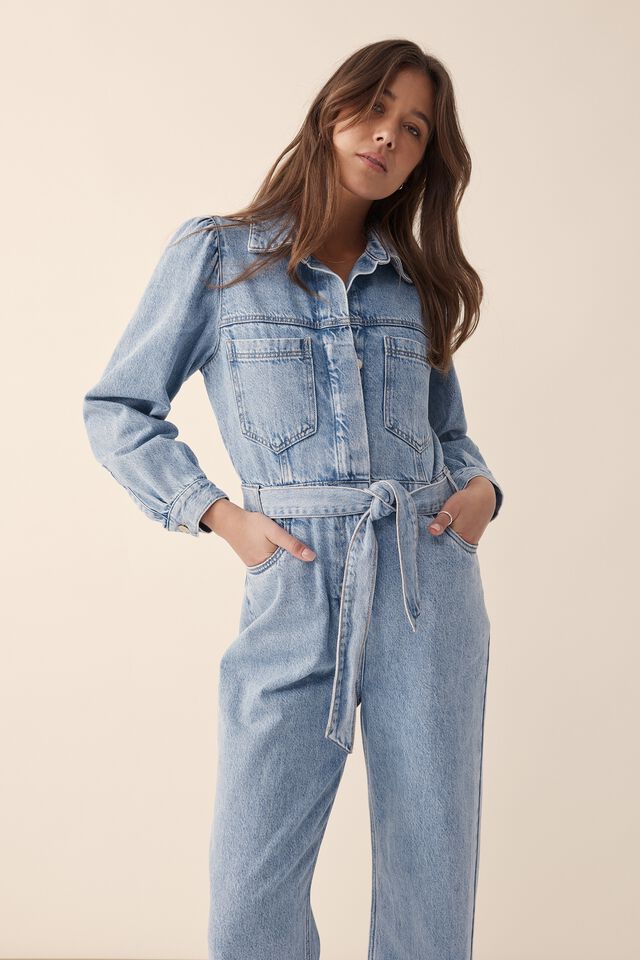 Puff Sleeve Jumpsuit, VINTAGE BLUE DENIM