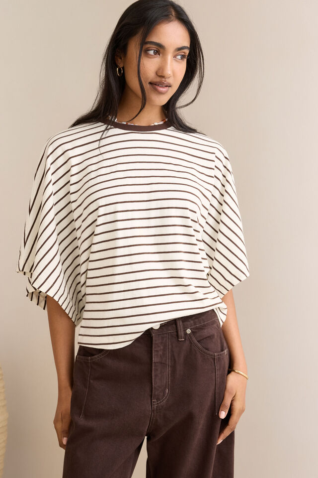 Lucy Relaxed Sleeve Tee, MILK/BRUNETTE STRIPE
