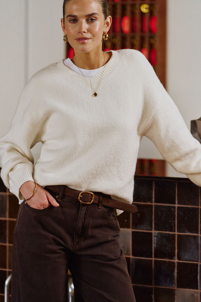 June V Neck Knit Pullover, MILK