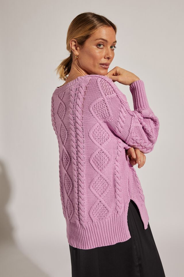 Deep V Cable Knit Jumper In Organic Cotton, MUSK