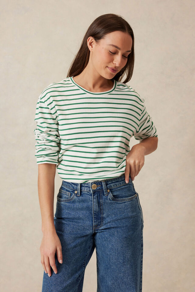 Longline Step Hem L/S Tee, VANILLA/FERN GREEN STRIPE