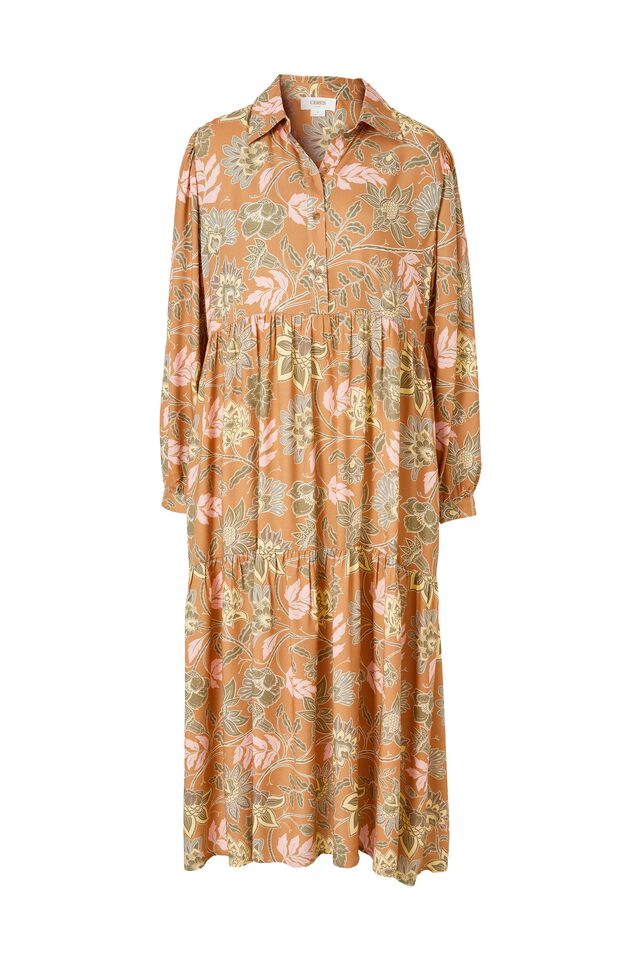 Tiered Shirt Dress In Lenzing Viscose, MACAROON ORNATE FLORAL