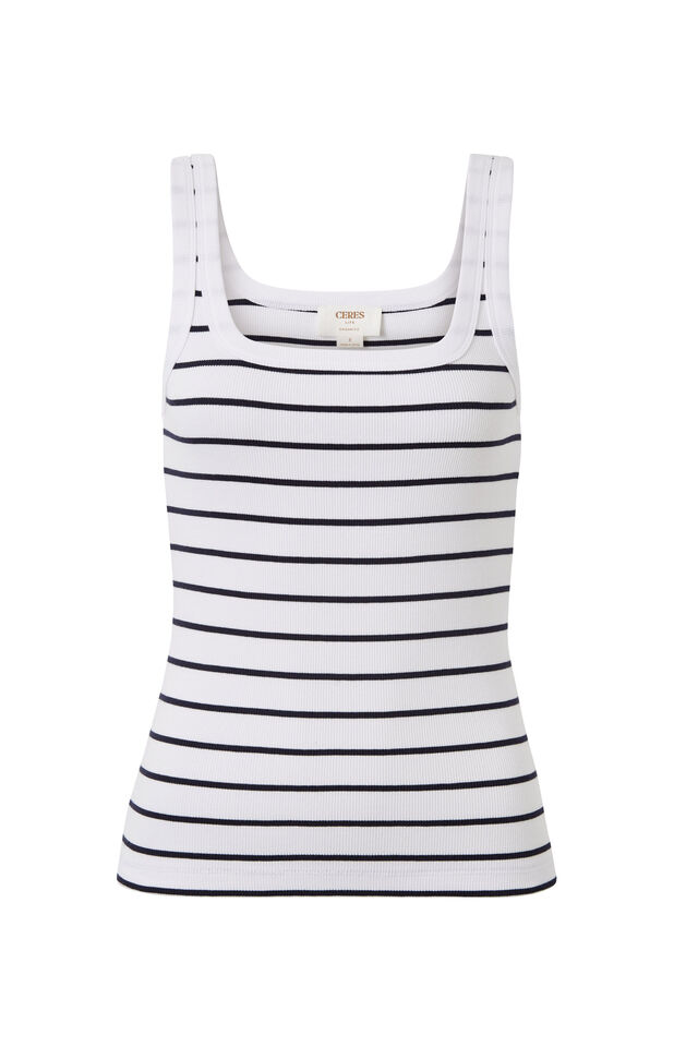 Zaeli Contour Rib Square Neck Tank, WHITE/NEW NAVY