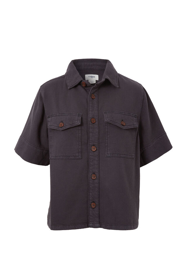 Short Sleeve Boxy Shirt, WASHED BLACK TWILL