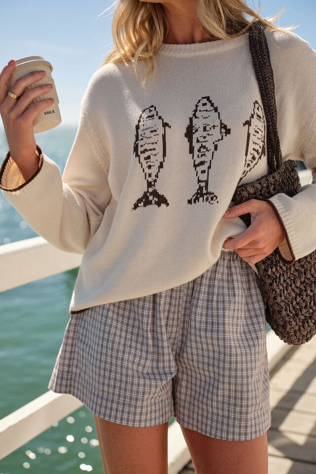 Mira Knitted Crew, ECRU CHOCOLATE SARDINE