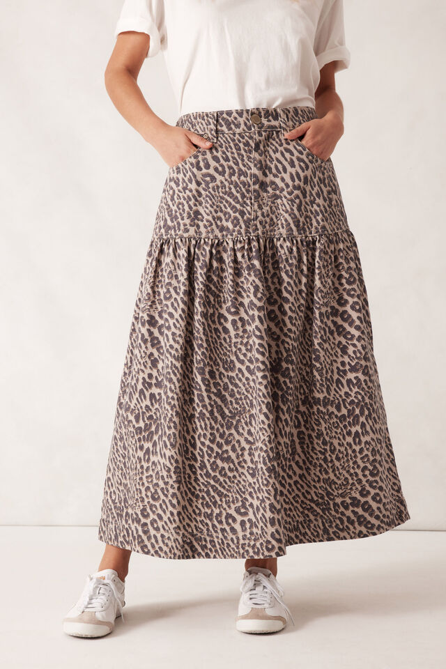 Drop Waist Denim Midi Skirt, LEOPARD